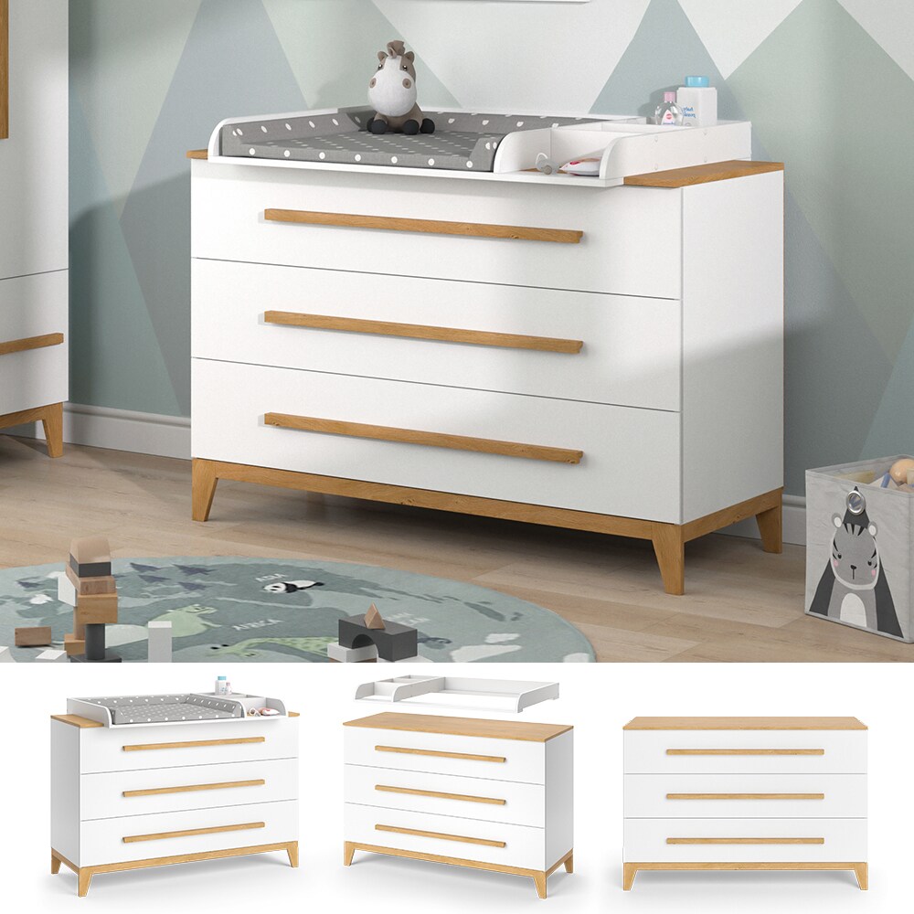 VitaliSpa Wickelkommode Wickeltisch Wickelschrank Malia Wei&szlig; Eiche modern 133x90 cm Kinderzimmer M&ouml;bel Babym&ouml;bel Wickelaufsatz Wickelauflage Schublade Wickelkombi 