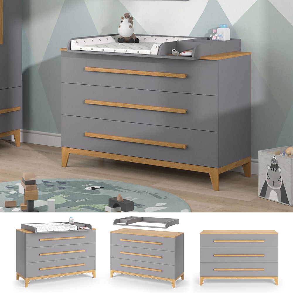 VitaliSpa Wickelkommode Wickeltisch Wickelschrank Malia Grau Eiche modern 133x90 cm Kinderzimmer M&ouml;bel Babym&ouml;bel Wickelaufsatz Wickelauflage Schublade Wickelkombi 