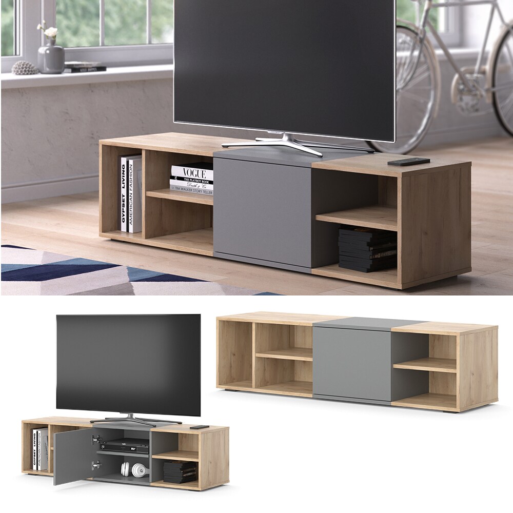 Vicco TV-Lowboard TV-Regal Fernsehregal Adelin Eiche Anthrazit Wohnzimmer Regal 140x36 cm modern Ablage Fach T&uuml;r TV-Tisch Fernsehtisch Fernseher 