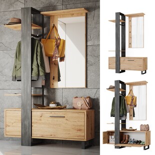 Vicco Flurgarderobe Dielengarderobe Garderobe Porto Schwarz Artisan Mediterran 120x190 cm Schlafzimmer Spiegel Kleiderstange Tür Fach Ablage rollbar 