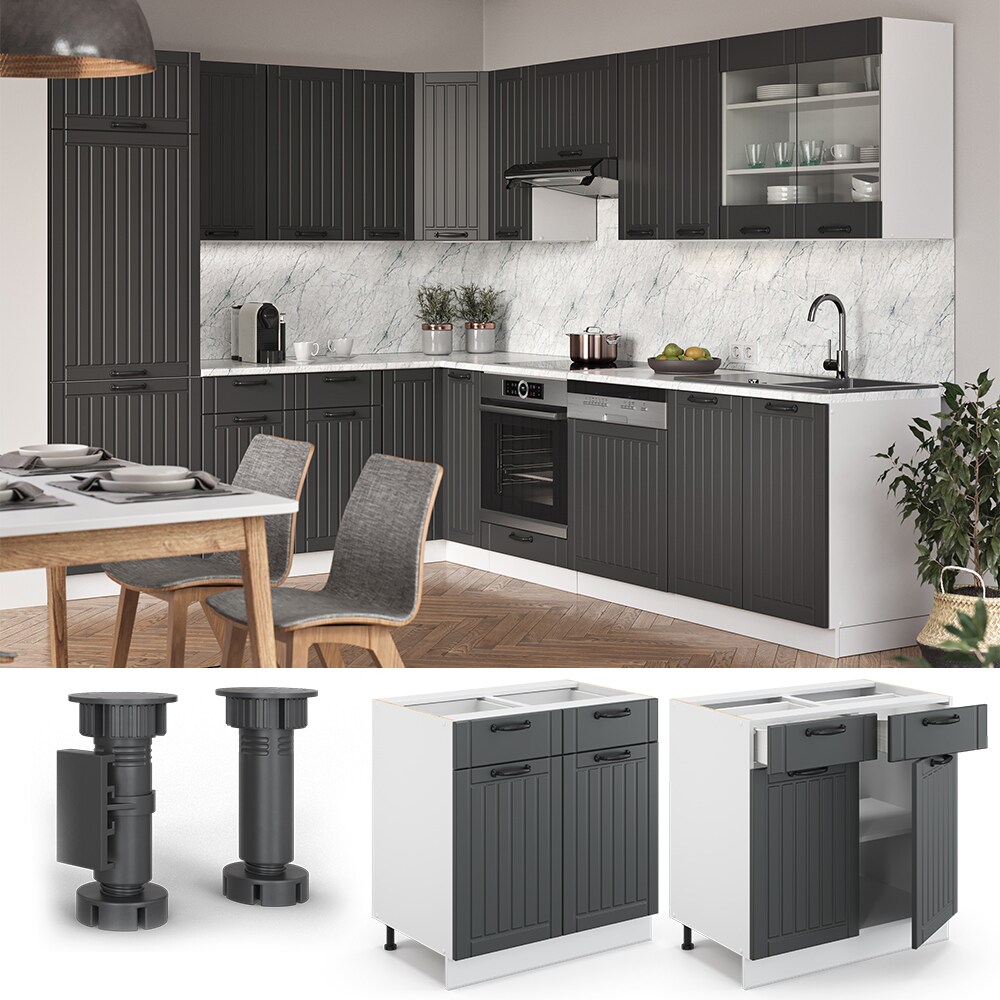 Vicco Schubunterschrank K&uuml;chenschrank K&uuml;chenm&ouml;bel Fame-Line Landhaus Wei&szlig; Anthrazit 80 cm modern 