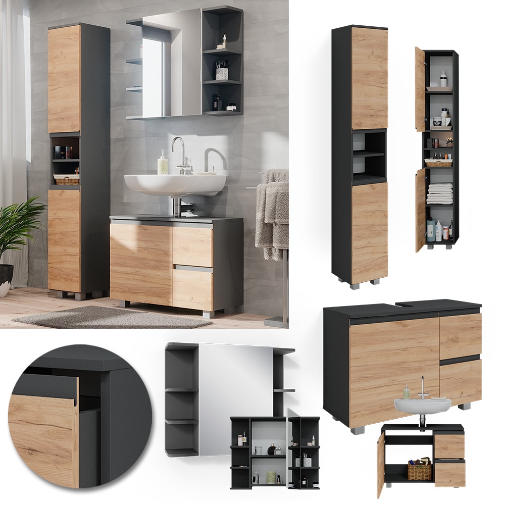 Vicco Badm&ouml;belset J-shape Anthrazit Eiche modern Badezimmer Schrank Badschrank Waschtischunterschrank Spiegelschrank Hochschrank Schrankt&uuml;r Schrankschublade Schrankfach Ablage Aufbewahrung 