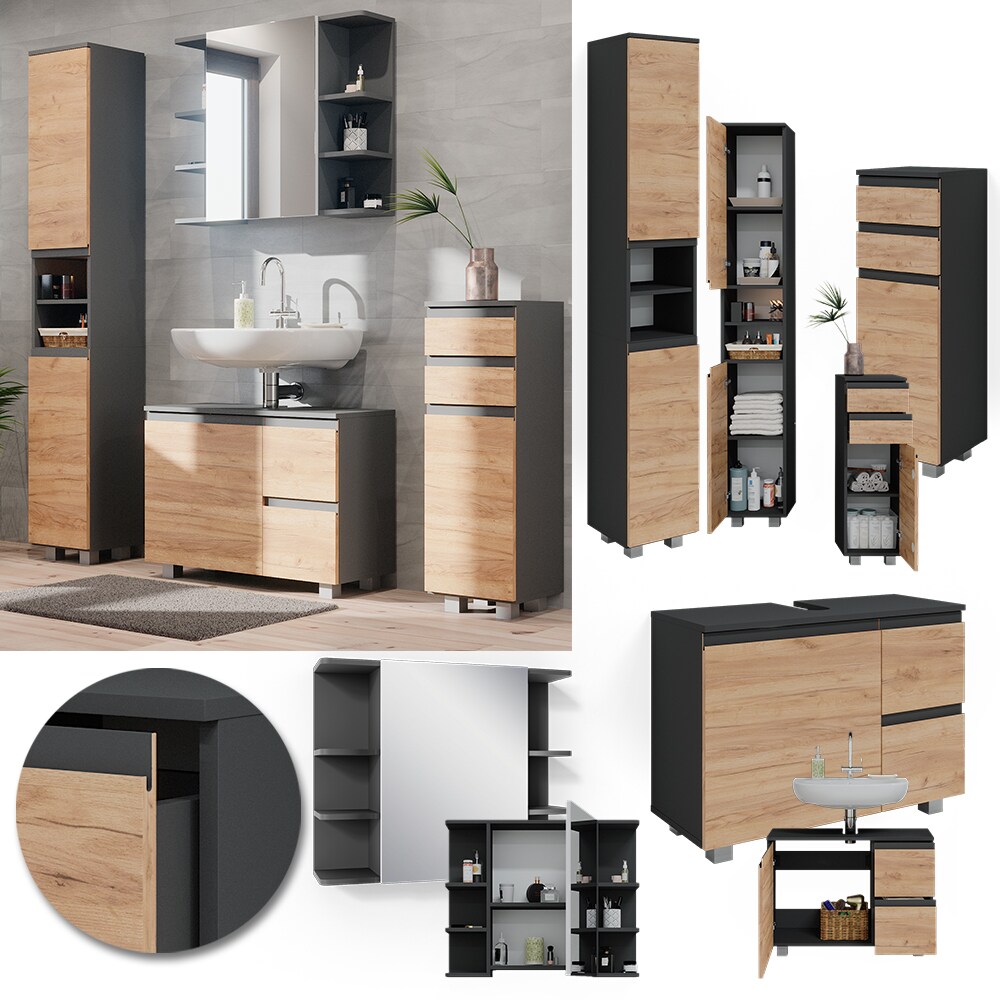 Vicco Badm&ouml;belset J-shape Anthrazit Eiche modern Badezimmer Schrank Badschrank Waschtischunterschrank Spiegelschrank Midischrank Hochschrank Schrankt&uuml;r Schrankschublade Schrankfach Ablage Aufbewahrung 