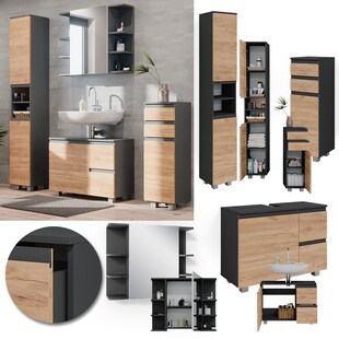 Vicco Badmöbelset J-shape Anthrazit Eiche modern Badezimmer Schrank Badschrank Waschtischunterschrank Spiegelschrank Midischrank Hochschrank Schranktür Schrankschublade Schrankfach Ablage Aufbewahrung 