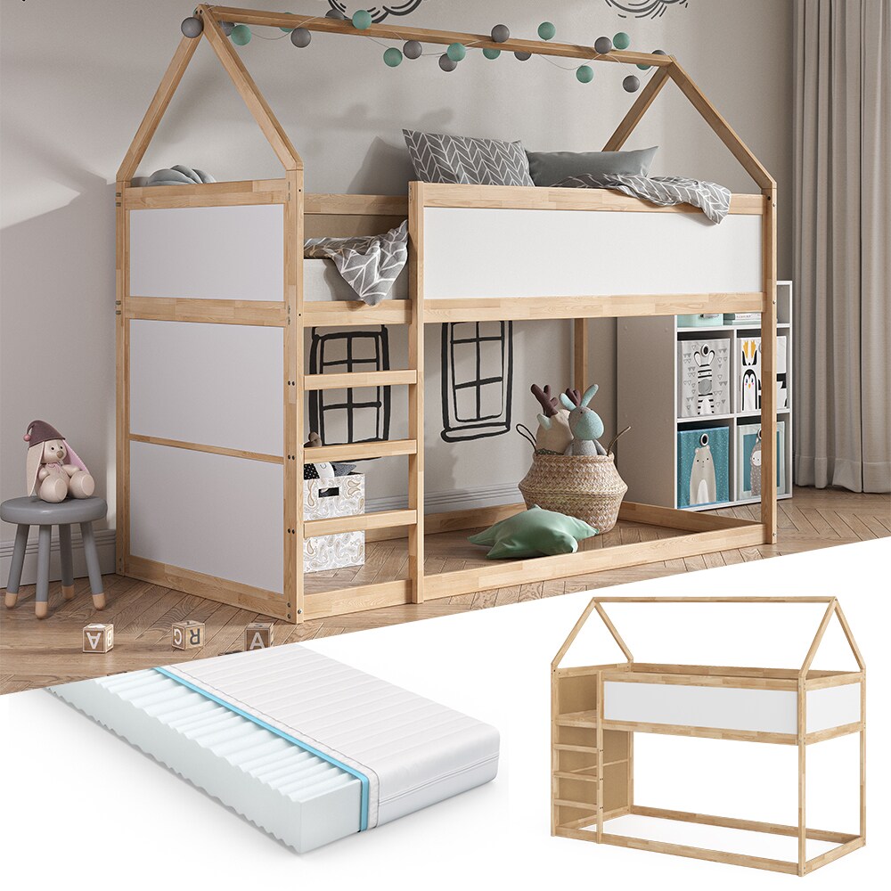 VitaliSpa Kinderstockbett Doppelstockbett Etagenbett Pinocchio Natur Wei&szlig; modern 205x175 cm Kinderzimmer Rausfallschutz Massivholz Lattenrost Matratze 