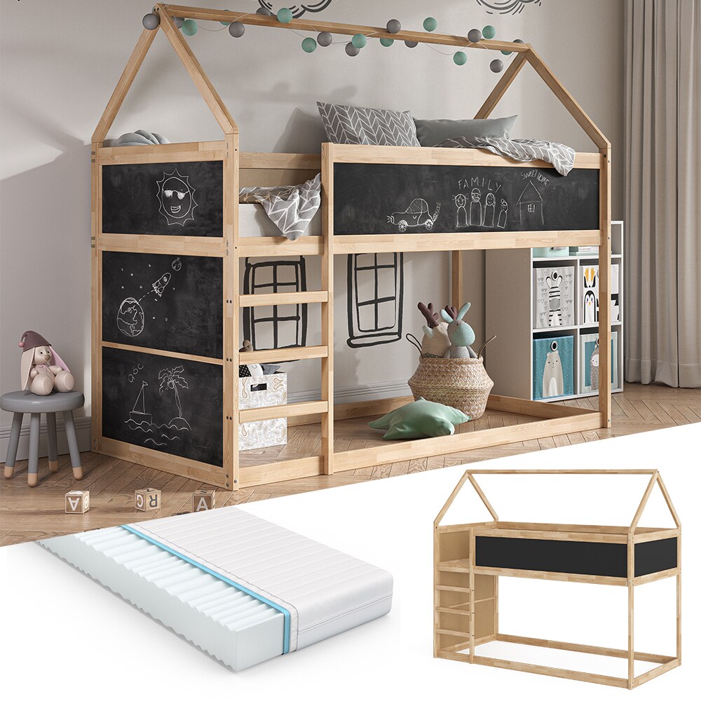 VitaliSpa Kinderstockbett Doppelstockbett Etagenbett Pinocchio Natur Anthrazit modern 205x175 Kinderzimmer Rausfallschutz Massivholz Lattenrost Matratze Kreidetafel Tafelbett 