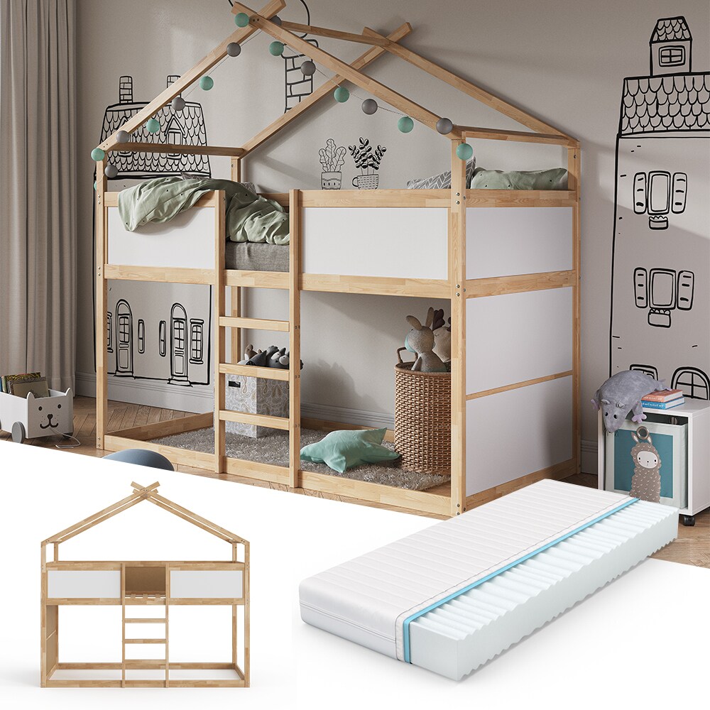 VitaliSpa Kinderstockbett Doppelstockbett Etagenbett Merlin Natur Wei&szlig; modern 208x203 cm Kinderzimmer Rausfallschutz Massivholz Lattenrost Matratze 