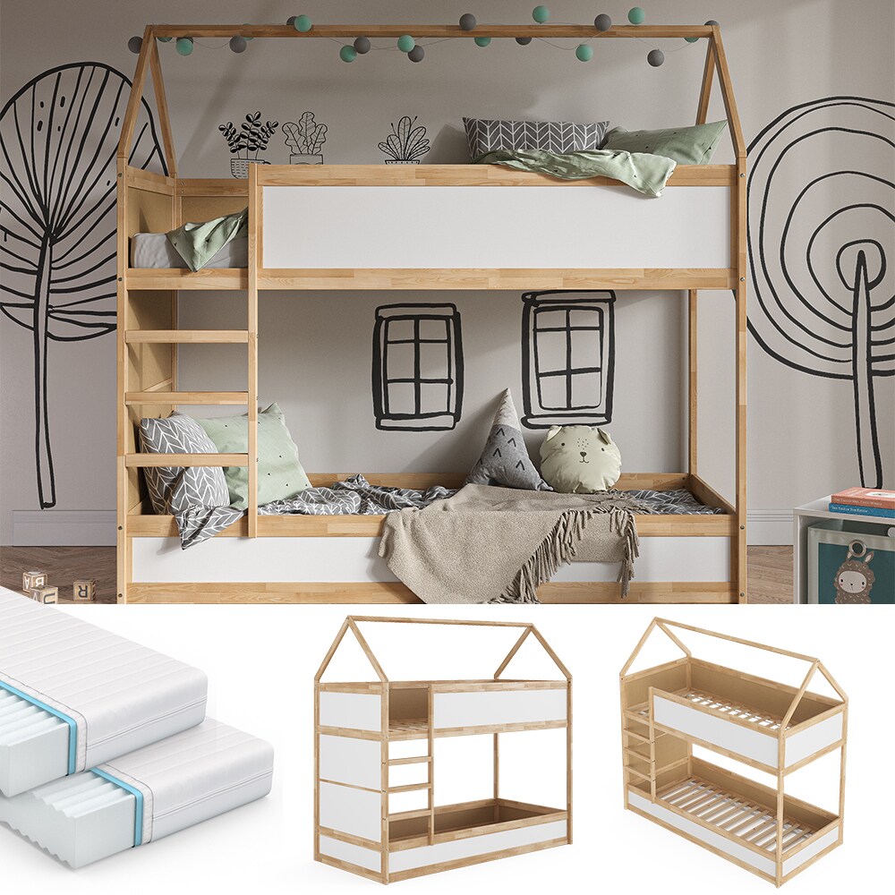 VitaliSpa Kinderstockbett Doppelstockbett Etagenbett Massimo Natur Wei&szlig; modern 205x197 cm Kinderzimmer Rausfallschutz Massivholz Lattenrost Matratze 