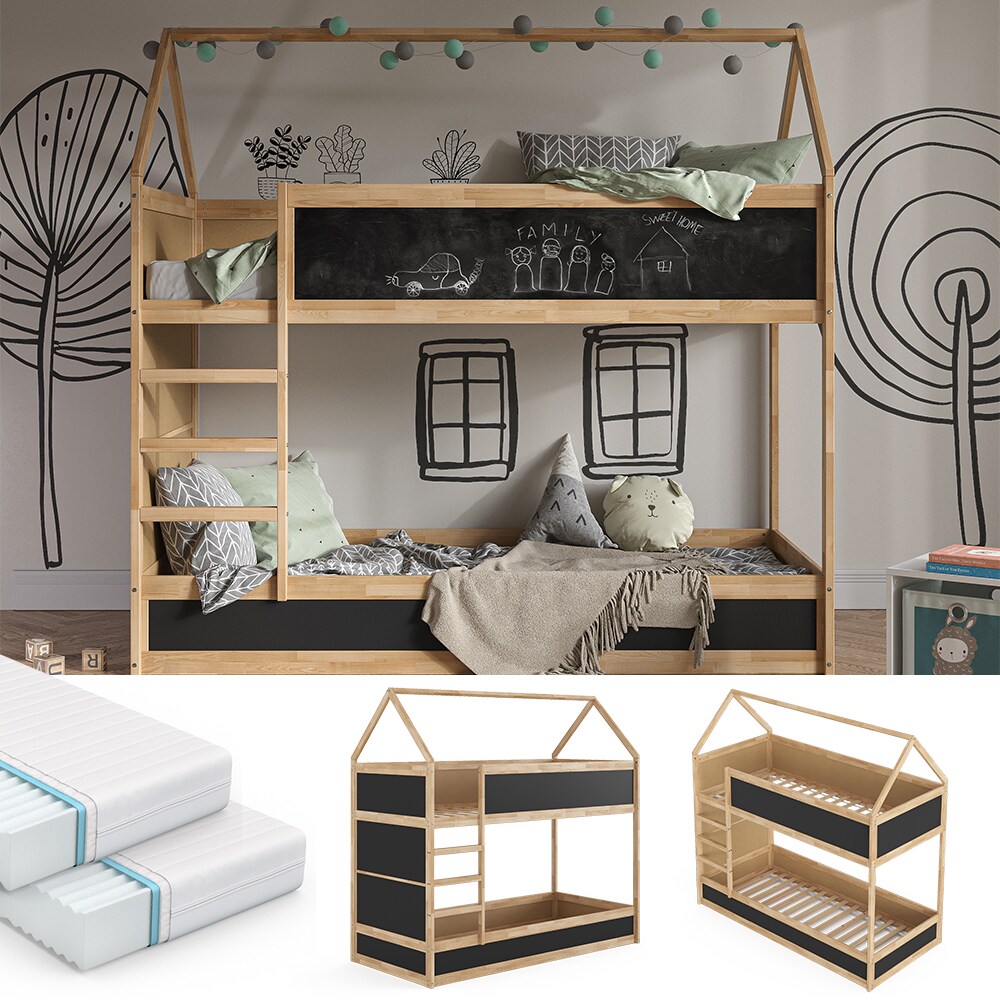 VitaliSpa Kinderstockbett Doppelstockbett Etagenbett Massimo Natur Anthrazit modern 205x197 Kinderzimmer Rausfallschutz Massivholz Lattenrost Matratze 