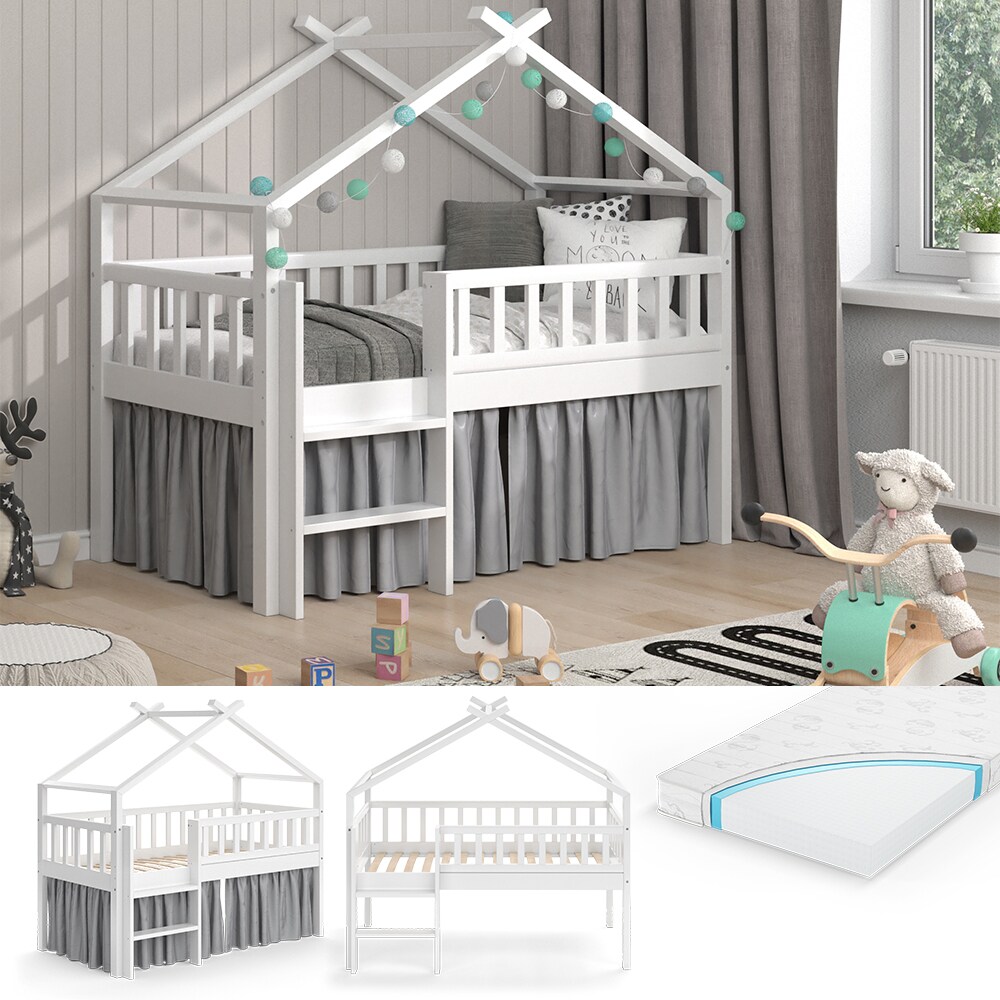 VitaliSpa Kinderbett Bettenhaus Einzelbett Adis Wei&szlig; modern 168x158 cm Kinderzimmer Rausfallschutz Massivholz Lattenrost Bettleiter Hausbett Hochbett Matratze 