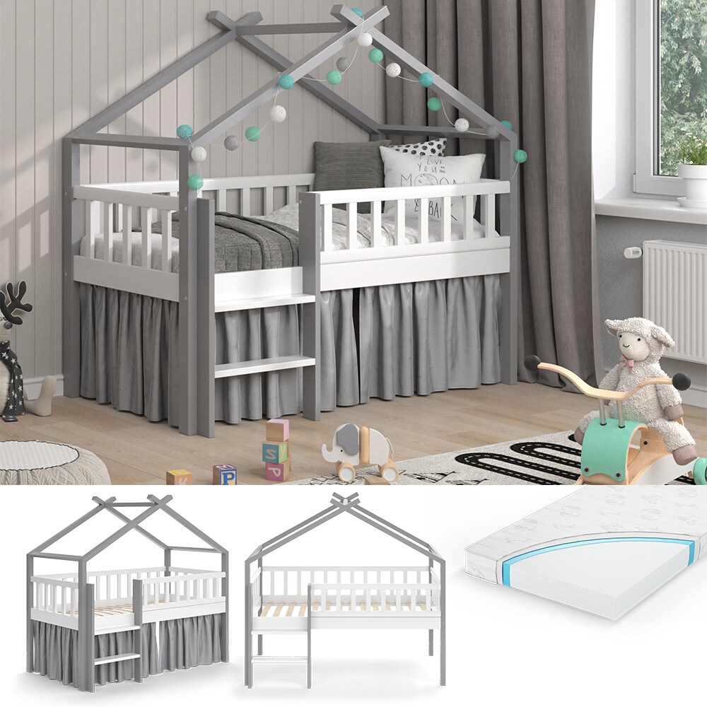 VitaliSpa Kinderbett Bettenhaus Einzelbett Adis Wei&szlig; Grau modern 168x158 cm Kinderzimmer Rausfallschutz Massivholz Lattenrost Bettleiter Hausbett Hochbett Matratze 