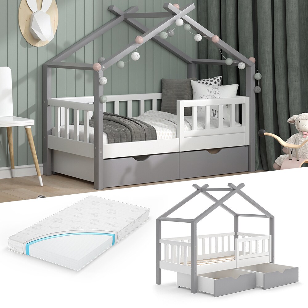 VitaliSpa Kinderbett Hausbett Einzelbett Design Wei&szlig; Grau modern 70x140 cm Kinderzimmer Bett Massivholz Lattenrost Schublade Rausfallschutz Schubladenbett Matratze 