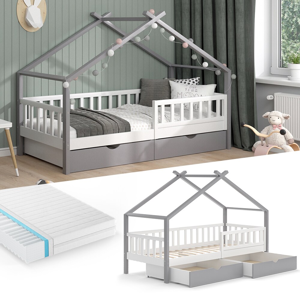 VitaliSpa Kinderbett Hausbett Einzelbett Design Wei&szlig; Grau modern 90x200 cm Kinderzimmer Bett Massivholz Lattenrost Schublade Rausfallschutz Schubladenbett Matratze 