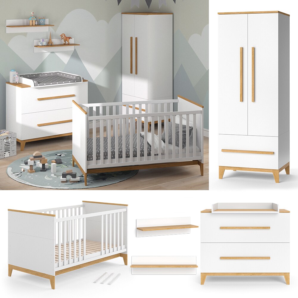 Babymöbel Set Malia Weiß Eiche Wickelkommode Wandregal Kinderbett Kleiderschrank Kinderzimmermöbel Wickelauflage Aufbewahrung Lattenrost Rausfallschutz Kleiderstange