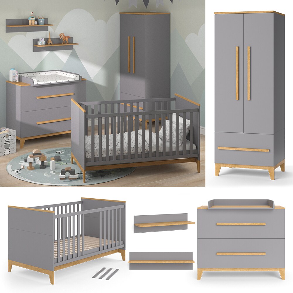 Babymöbel Set Malia Grau Eiche Wickelkommode Wandregal Kinderbett Kleiderschrank Kinderzimmermöbel Wickelauflage Aufbewahrung Lattenrost Rausfallschutz Kleiderstange