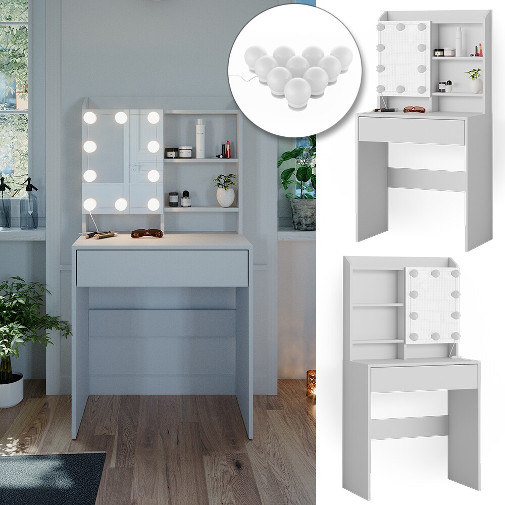 Vicco Schminktisch Frisiertisch Frisierkommode Laura Wei&szlig; LED 70x136 cm Spiegelschrank modern Schlafzimmer Kommode Schminkspiegel Schrank Schublade Kosmetiktisch Make-Up-Tisch 