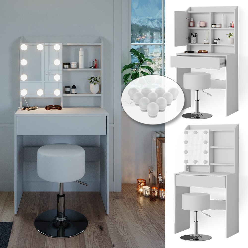 Vicco Schminktisch Frisiertisch Frisierkommode Laura Wei&szlig; LED Hocker 70x136 cm Spiegelschrank modern Schlafzimmer Kommode Schminkspiegel Schrank Schublade Kosmetiktisch Make-Up-Tisch 