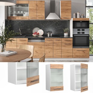 Vicco Hängeglasschrank Küchenschrank Küchenmöbel Fame-Line Weiß Eiche modern 40 cm Küche Einbauküche Hängeschrank Glasschrank Drehtür Einlegeboden Küchenzeile 