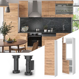 Vicco Kühlumbauschrank Küchenschrank Küchenmöbel Fame-Line Weiß Eiche modern 60 cm Küche Einbauküche Blende Drehtür Einlegeboden Kühlschrank Küchenzeile 