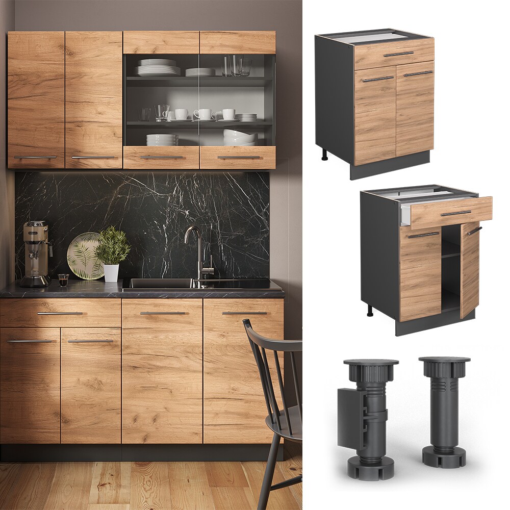 Vicco Schubunterschrank K&uuml;chenschrank K&uuml;chenm&ouml;bel Fame-Line Anthrazit Eiche modern 60 cm K&uuml;che Einbauk&uuml;che Dreht&uuml;r Schublade Einlegeboden Blende K&uuml;chenzeile 