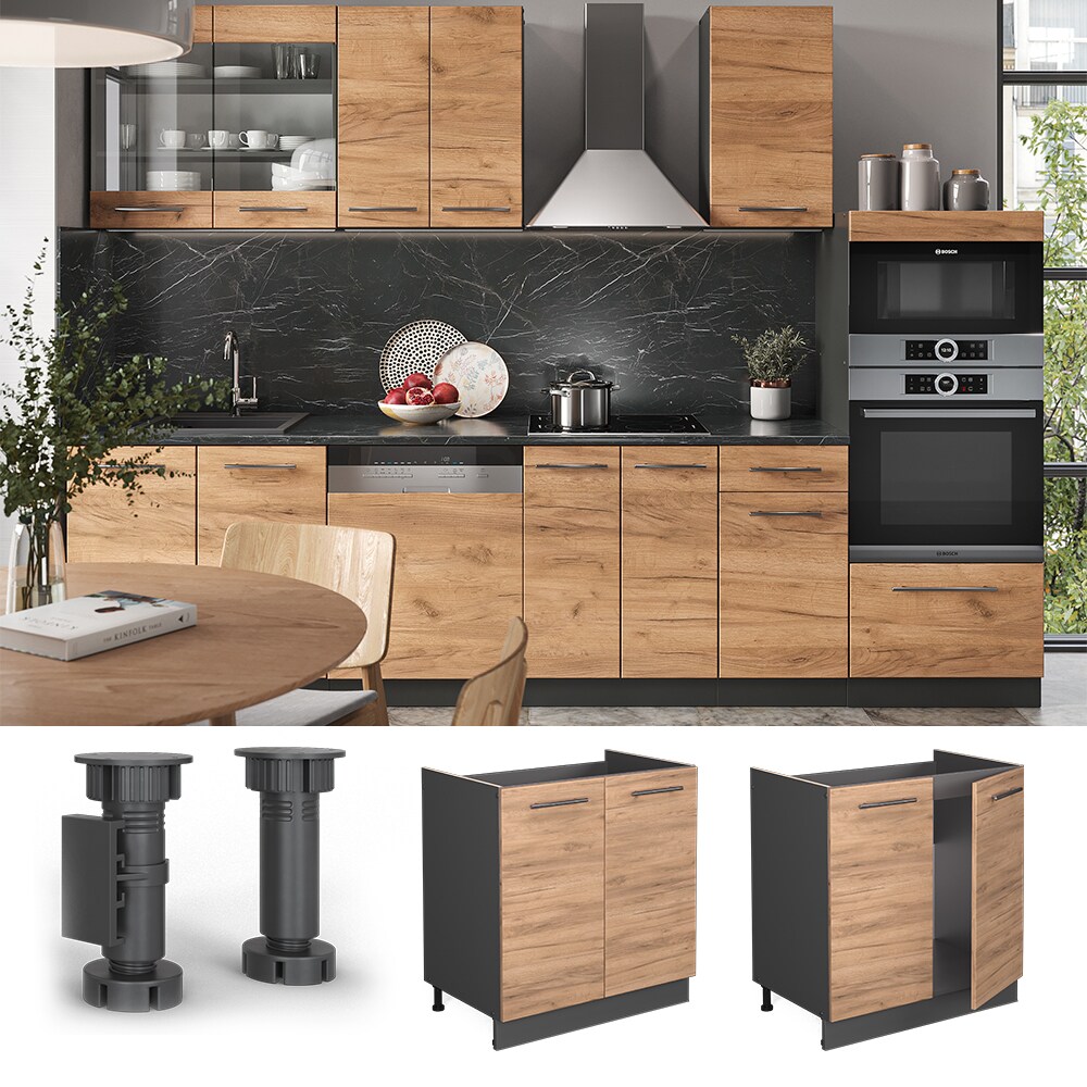 Vicco Sp&uuml;lenunterschrank K&uuml;chenschrank K&uuml;chenm&ouml;bel Fame-Line Anthrazit Eiche modern 80 cm K&uuml;che Einbauk&uuml;che Dreht&uuml;r Siphonausschnitt Blende K&uuml;chenzeile 