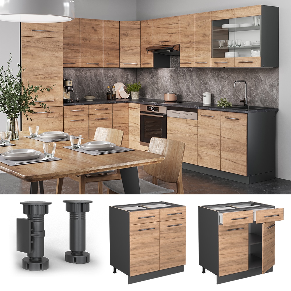 Vicco Schubunterschrank K&uuml;chenschrank K&uuml;chenm&ouml;bel Fame-Line Anthrazit Eiche modern 80 cm K&uuml;che Einbauk&uuml;che Dreht&uuml;r Schublade Einlegeboden Blende K&uuml;chenzeile 