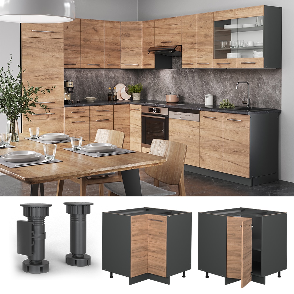 Vicco Eckunterschrank K&uuml;chenschrank K&uuml;chenm&ouml;bel Fame-Line Anthrazit Eiche modern 87 cm K&uuml;che Eckk&uuml;che Einbauk&uuml;che Doppel-Dreht&uuml;r Einlegeboden Blende K&uuml;chenzeile 