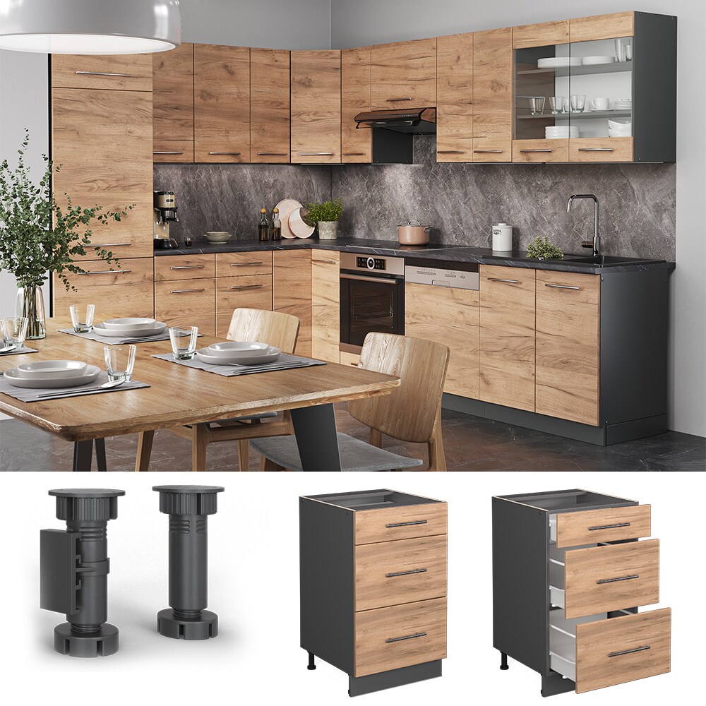 Vicco Schubunterschrank K&uuml;chenschrank K&uuml;chenm&ouml;bel Fame-Line Anthrazit Eiche modern 50 cm K&uuml;che Einbauk&uuml;che Dreht&uuml;r Blende K&uuml;chenzeile 