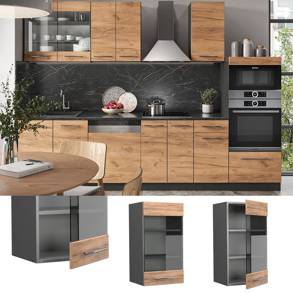 Vicco H&auml;ngeglasschrank K&uuml;chenschrank K&uuml;chenm&ouml;bel Fame-Line Anthrazit Eiche modern 40 cm K&uuml;che Einbauk&uuml;che H&auml;ngeschrank Glasschrank Dreht&uuml;r Einlegeboden K&uuml;chenzeile 