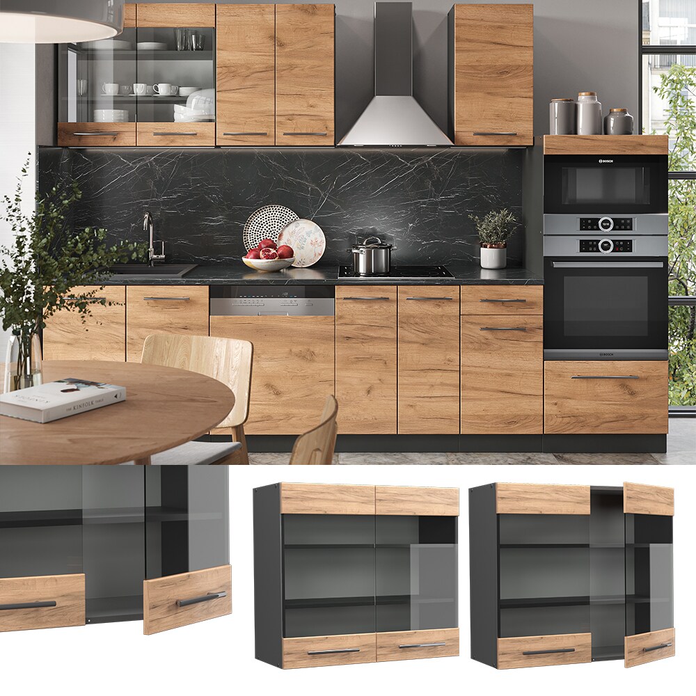Vicco H&auml;ngeglasschrank K&uuml;chenschrank K&uuml;chenm&ouml;bel Fame-Line Anthrazit Eiche modern 80 cm K&uuml;che Einbauk&uuml;che H&auml;ngeschrank Glasschrank Dreht&uuml;r Einlegeboden K&uuml;chenzeile 