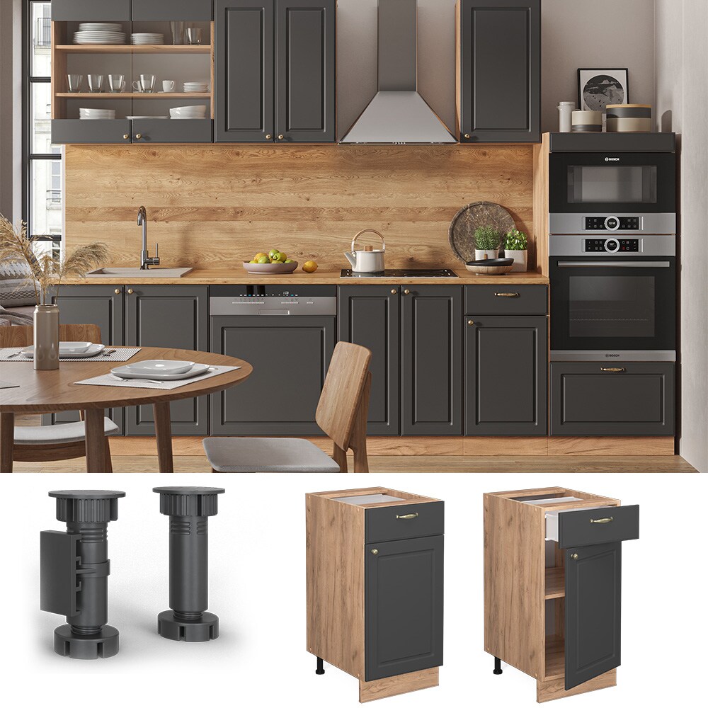Vicco Schubunterschrank K&uuml;chenschrank K&uuml;chenm&ouml;bel Fame-Line Eiche Anthrazit-Gold Landhaus 40 cm K&uuml;che Einbauk&uuml;che Dreht&uuml;r Schublade Einlegeboden Blende K&uuml;chenzeile 