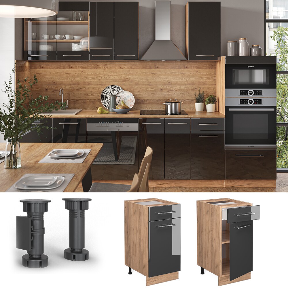 Vicco Schubunterschrank K&uuml;chenschrank K&uuml;chenm&ouml;bel Fame-Line Eiche Anthrazit modern 40 cm K&uuml;che Einbauk&uuml;che Dreht&uuml;r Schublade Einlegeboden Blende K&uuml;chenzeile Hochglanz 