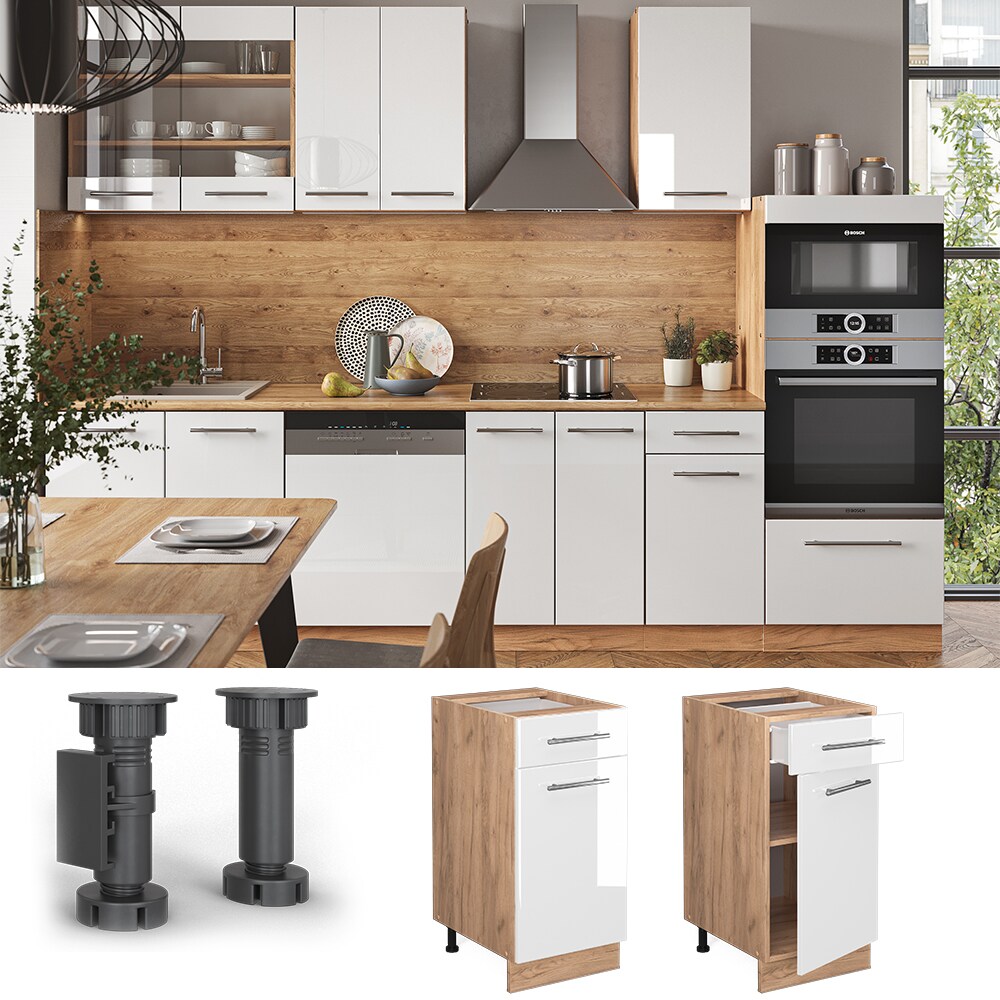 Vicco Schubunterschrank K&uuml;chenschrank K&uuml;chenm&ouml;bel Fame-Line Eiche Wei&szlig; modern 40 cm K&uuml;che Einbauk&uuml;che Dreht&uuml;r Schublade Einlegeboden Blende K&uuml;chenzeile Hochglanz 