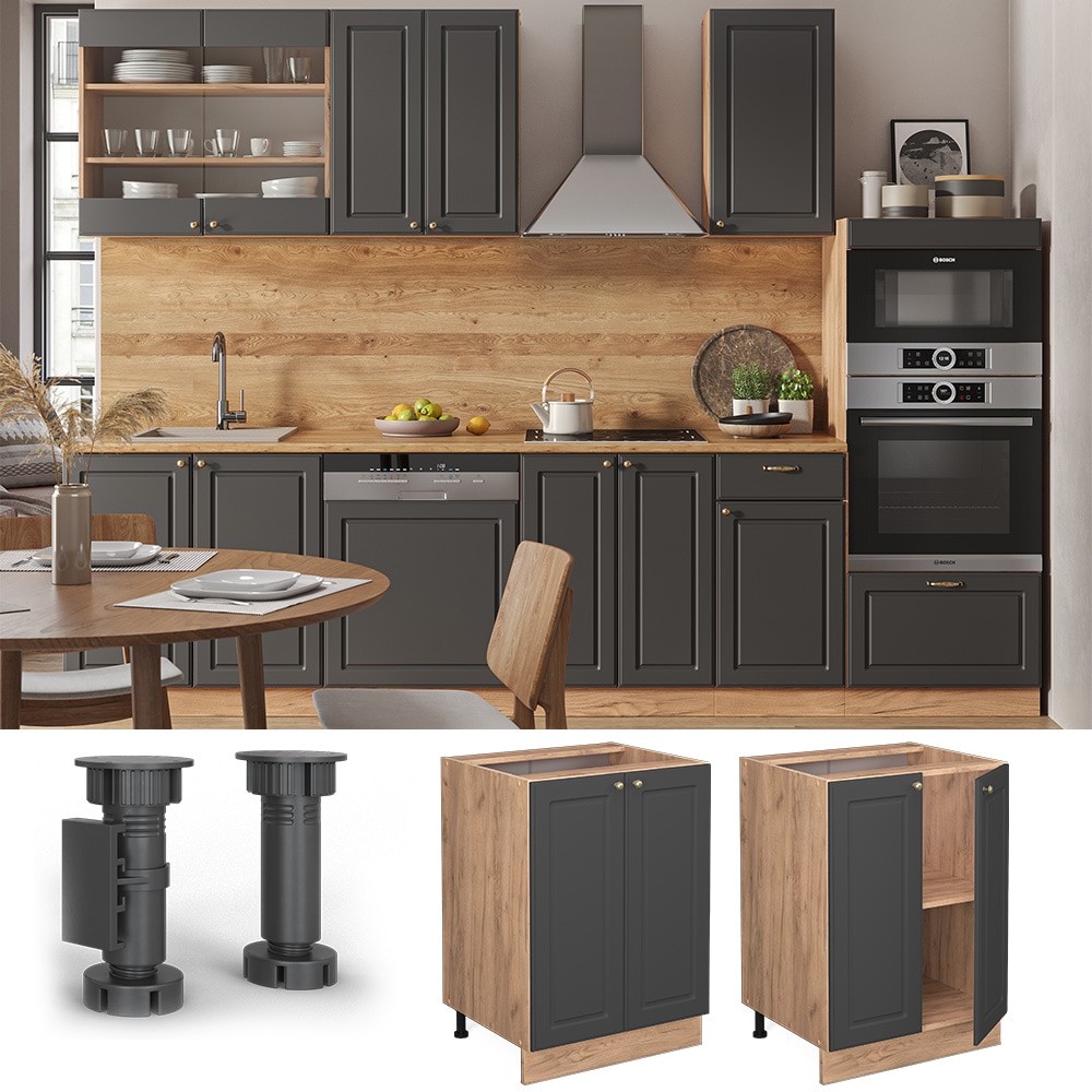 Vicco Unterschrank K&uuml;chenschrank K&uuml;chenm&ouml;bel Fame-Line Eiche Anthrazit-Gold Landhaus 60 cm K&uuml;che Einbauk&uuml;che Dreht&uuml;r Einlegeboden Blende K&uuml;chenzeile 