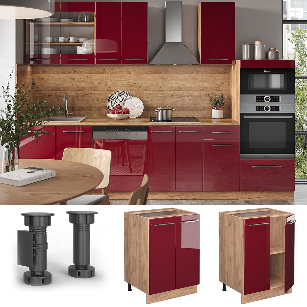 Vicco Unterschrank K&uuml;chenschrank K&uuml;chenm&ouml;bel Fame-Line Eiche Rot Bordeaux modern 60 cm K&uuml;che Einbauk&uuml;che Dreht&uuml;r Einlegeboden Blende K&uuml;chenzeile Hochglanz 