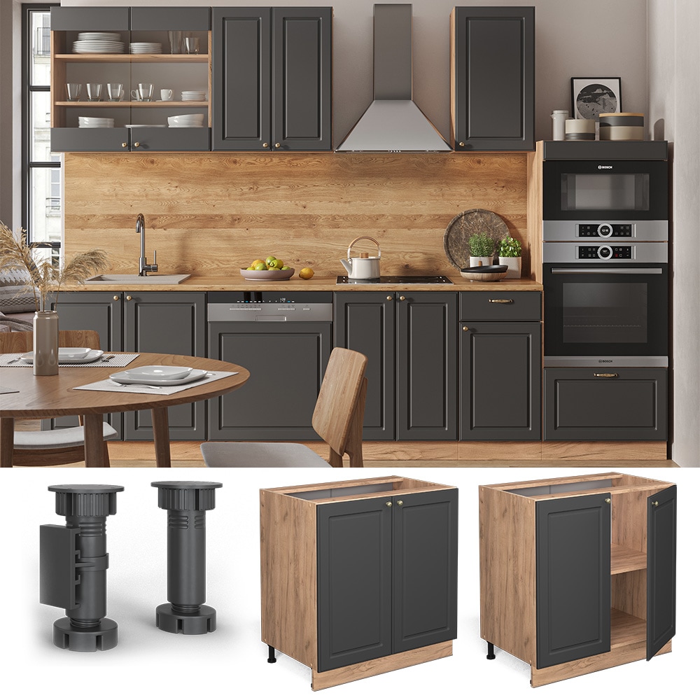 Vicco Unterschrank K&uuml;chenschrank K&uuml;chenm&ouml;bel Fame-Line Eiche Anthrazit-Gold Landhaus 80 cm K&uuml;che Einbauk&uuml;che Dreht&uuml;r Einlegeboden Blende K&uuml;chenzeile 