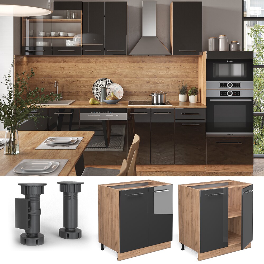 Vicco Unterschrank K&uuml;chenschrank K&uuml;chenm&ouml;bel Fame-Line Eiche Anthrazit modern 80 cm K&uuml;che Einbauk&uuml;che Dreht&uuml;r Einlegeboden Blende K&uuml;chenzeile Hochglanz 