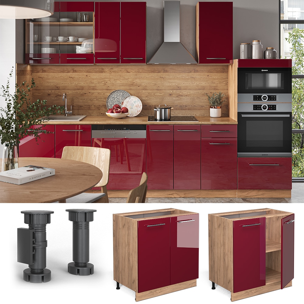 Vicco Unterschrank K&uuml;chenschrank K&uuml;chenm&ouml;bel Fame-Line Eiche Rot Bordeaux modern 80 cm K&uuml;che Einbauk&uuml;che Dreht&uuml;r Einlegeboden Blende K&uuml;chenzeile Hochglanz 