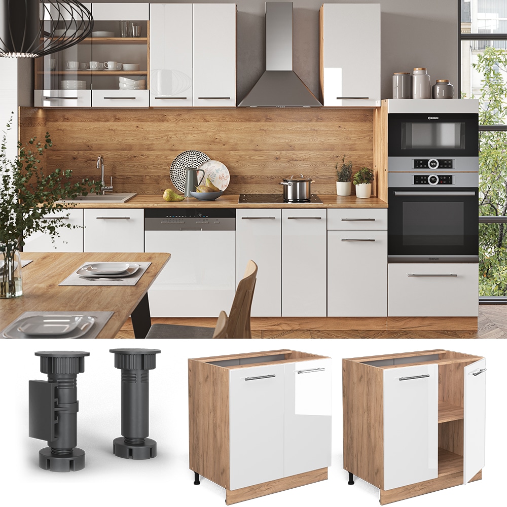 Vicco Unterschrank K&uuml;chenschrank K&uuml;chenm&ouml;bel Fame-Line Eiche Wei&szlig; modern 80 cm K&uuml;che Einbauk&uuml;che Dreht&uuml;r Einlegeboden Blende K&uuml;chenzeile Hochglanz 