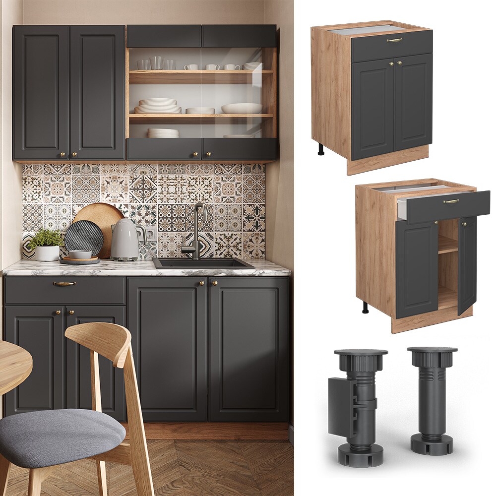 Vicco Schubunterschrank K&uuml;chenschrank K&uuml;chenm&ouml;bel Fame-Line Eiche Anthrazit-Gold Landhaus 60 cm K&uuml;che Einbauk&uuml;che Dreht&uuml;r Schublade Einlegeboden Blende K&uuml;chenzeile 