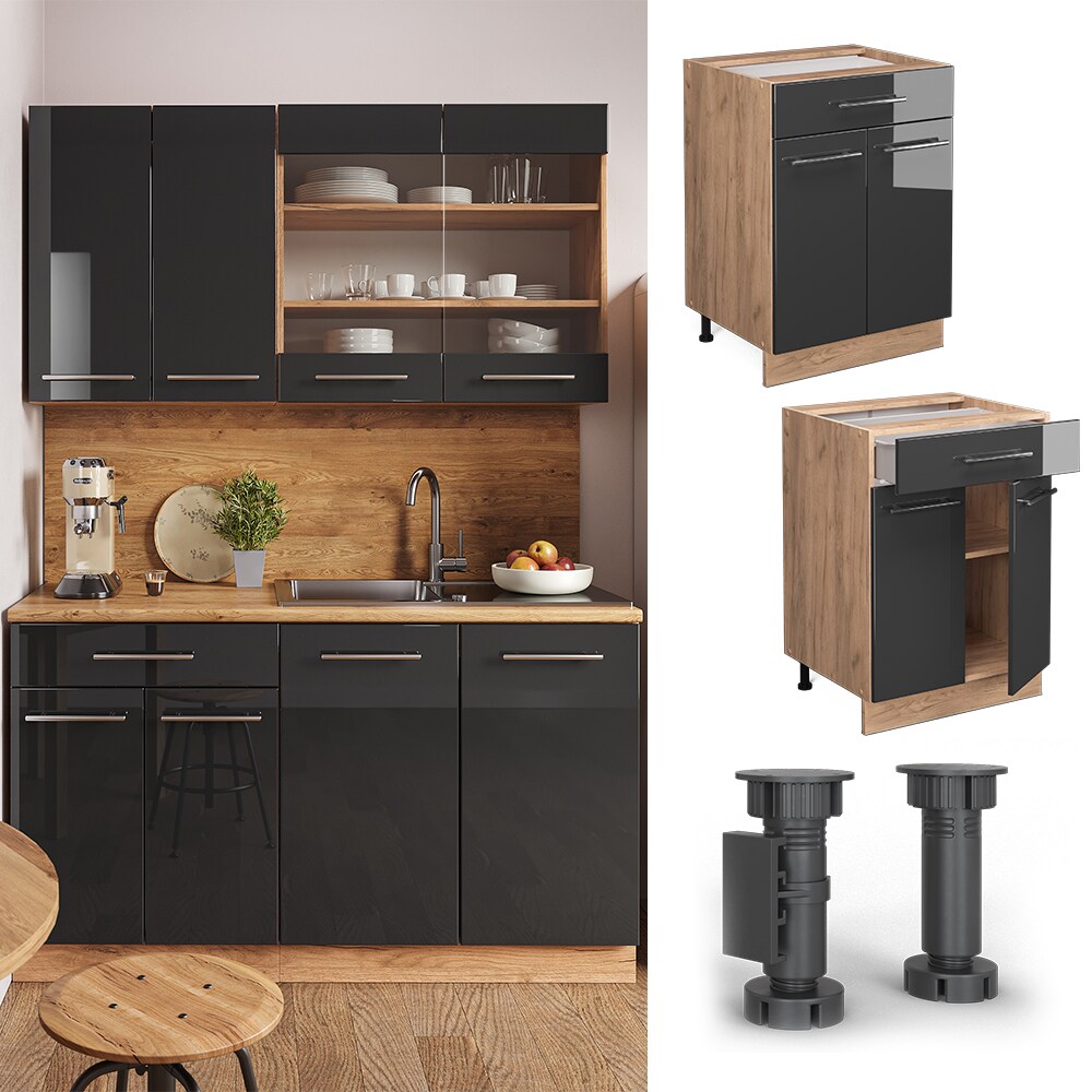 Vicco Schubunterschrank K&uuml;chenschrank K&uuml;chenm&ouml;bel Fame-Line Eiche Anthrazit modern 60 cm K&uuml;che Einbauk&uuml;che Dreht&uuml;r Schublade Einlegeboden Blende K&uuml;chenzeile Hochglanz 