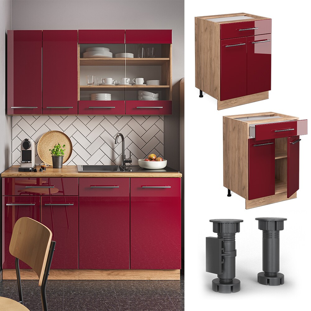 Vicco Schubunterschrank K&uuml;chenschrank K&uuml;chenm&ouml;bel Fame-Line Eiche Rot Bordeaux modern 60 cm K&uuml;che Einbauk&uuml;che Dreht&uuml;r Schublade Einlegeboden Blende K&uuml;chenzeile Hochglanz 