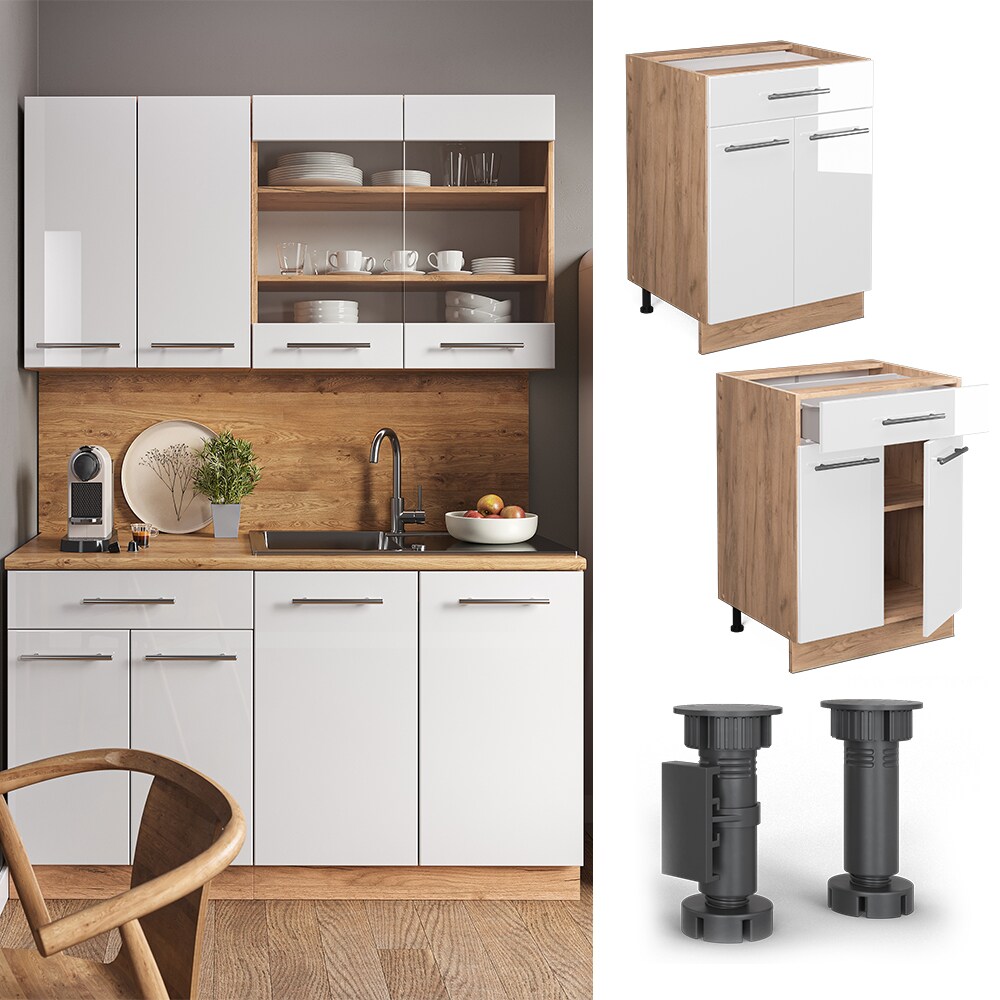 Vicco Schubunterschrank K&uuml;chenschrank K&uuml;chenm&ouml;bel Fame-Line Eiche Wei&szlig; modern 60 cm K&uuml;che Einbauk&uuml;che Dreht&uuml;r Schublade Einlegeboden Blende K&uuml;chenzeile Hochglanz 