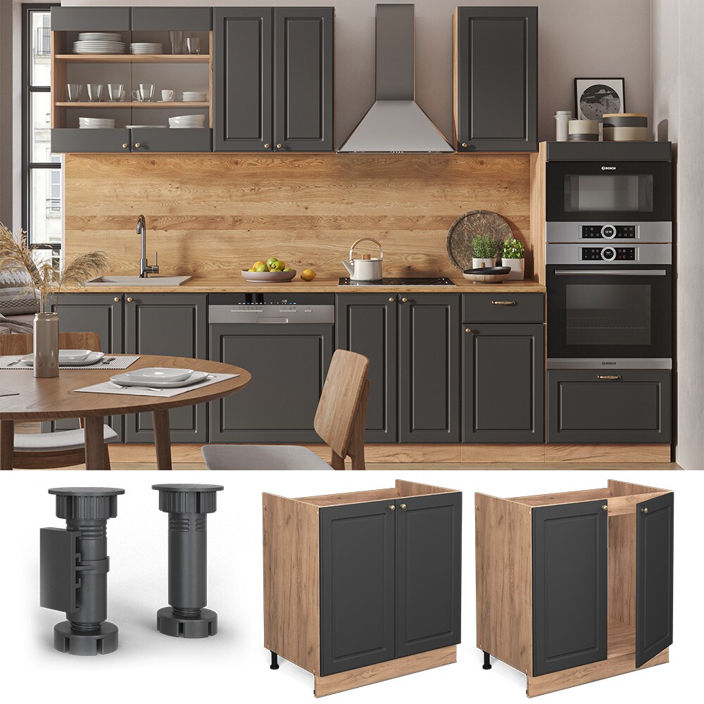 Vicco Sp&uuml;lenunterschrank K&uuml;chenschrank K&uuml;chenm&ouml;bel Fame-Line Eiche Anthrazit-Gold Landhaus 80 cm K&uuml;che Einbauk&uuml;che Dreht&uuml;r Siphonausschnitt Blende K&uuml;chenzeile 