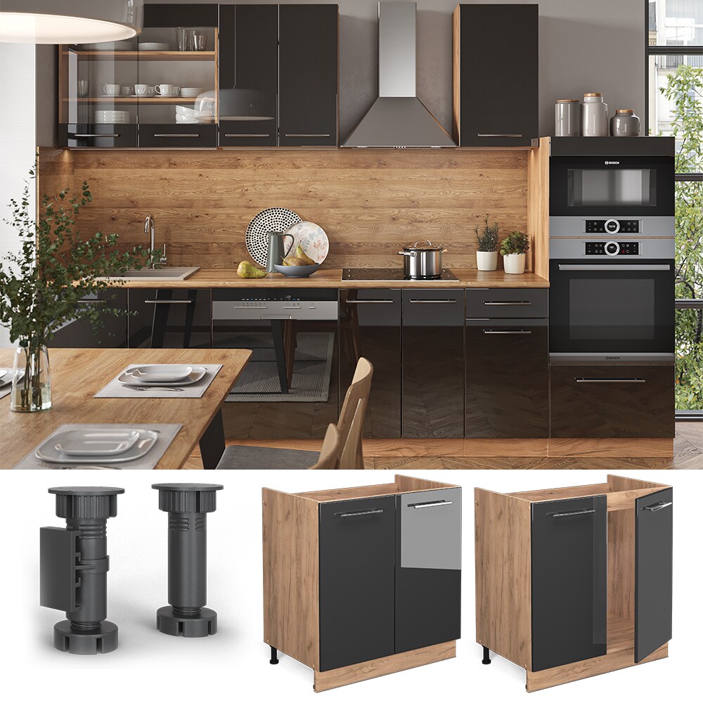 Vicco Sp&uuml;lenunterschrank K&uuml;chenschrank K&uuml;chenm&ouml;bel Fame-Line Eiche Anthrazit modern 80 cm K&uuml;che Einbauk&uuml;che Dreht&uuml;r Siphonausschnitt Blende K&uuml;chenzeile Hochglanz 