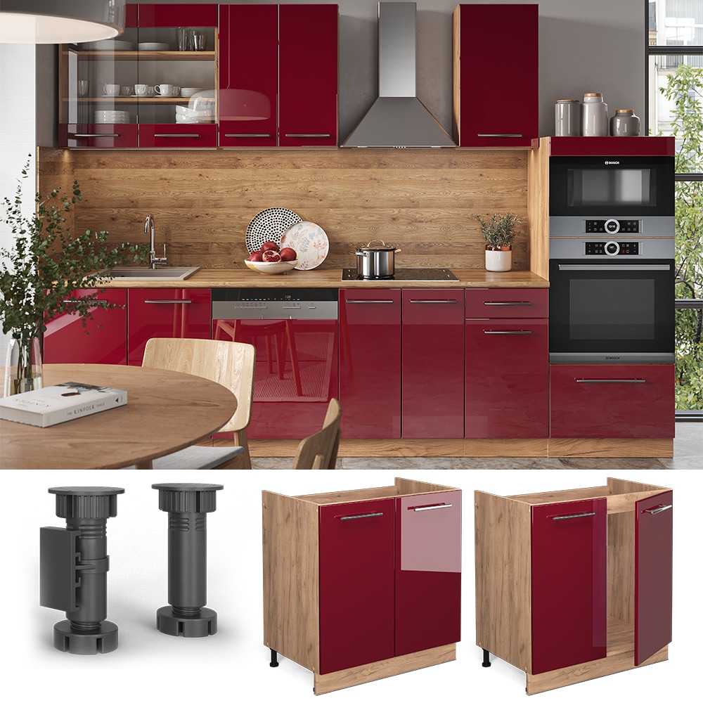 Vicco Sp&uuml;lenunterschrank K&uuml;chenschrank K&uuml;chenm&ouml;bel Fame-Line Eiche Rot Bordeaux modern 80 cm K&uuml;che Einbauk&uuml;che Dreht&uuml;r Siphonausschnitt Blende K&uuml;chenzeile Hochglanz 