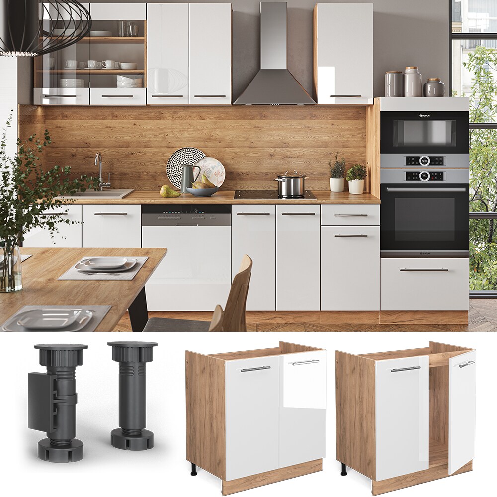 Vicco Sp&uuml;lenunterschrank K&uuml;chenschrank K&uuml;chenm&ouml;bel Fame-Line Eiche Wei&szlig; modern 80 cm K&uuml;che Einbauk&uuml;che Dreht&uuml;r Siphonausschnitt Blende K&uuml;chenzeile Hochglanz 