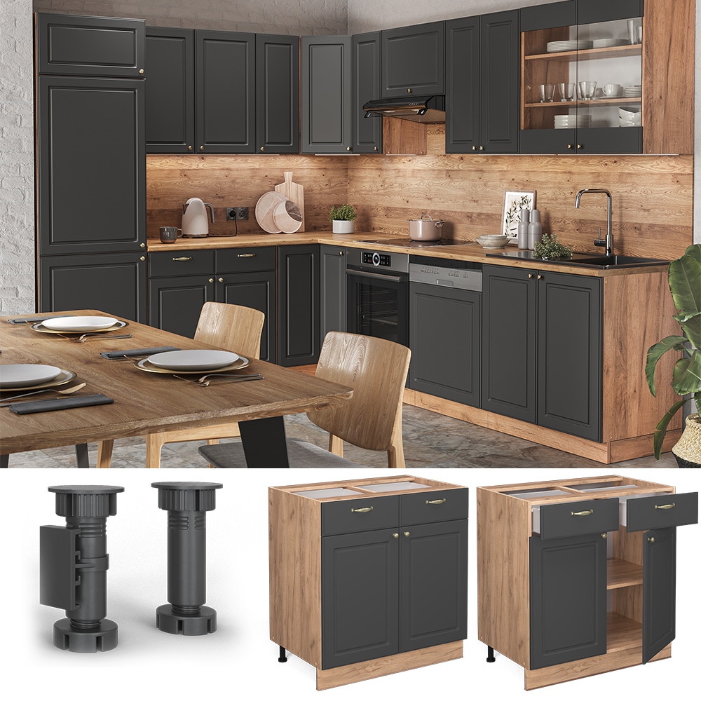 Vicco Schubunterschrank K&uuml;chenschrank K&uuml;chenm&ouml;bel Fame-Line Eiche Anthrazit-Gold Landhaus 80 cm K&uuml;che Einbauk&uuml;che Dreht&uuml;r Schublade Einlegeboden Blende K&uuml;chenzeile 