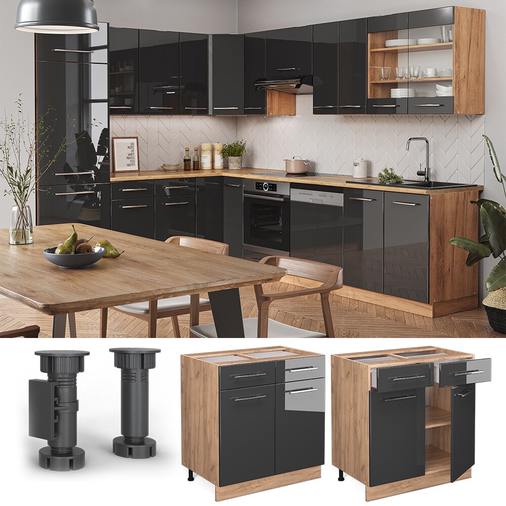 Vicco Schubunterschrank K&uuml;chenschrank K&uuml;chenm&ouml;bel Fame-Line Eiche Anthrazit modern 80 cm K&uuml;che Einbauk&uuml;che Dreht&uuml;r Schublade Einlegeboden Blende K&uuml;chenzeile Hochglanz 