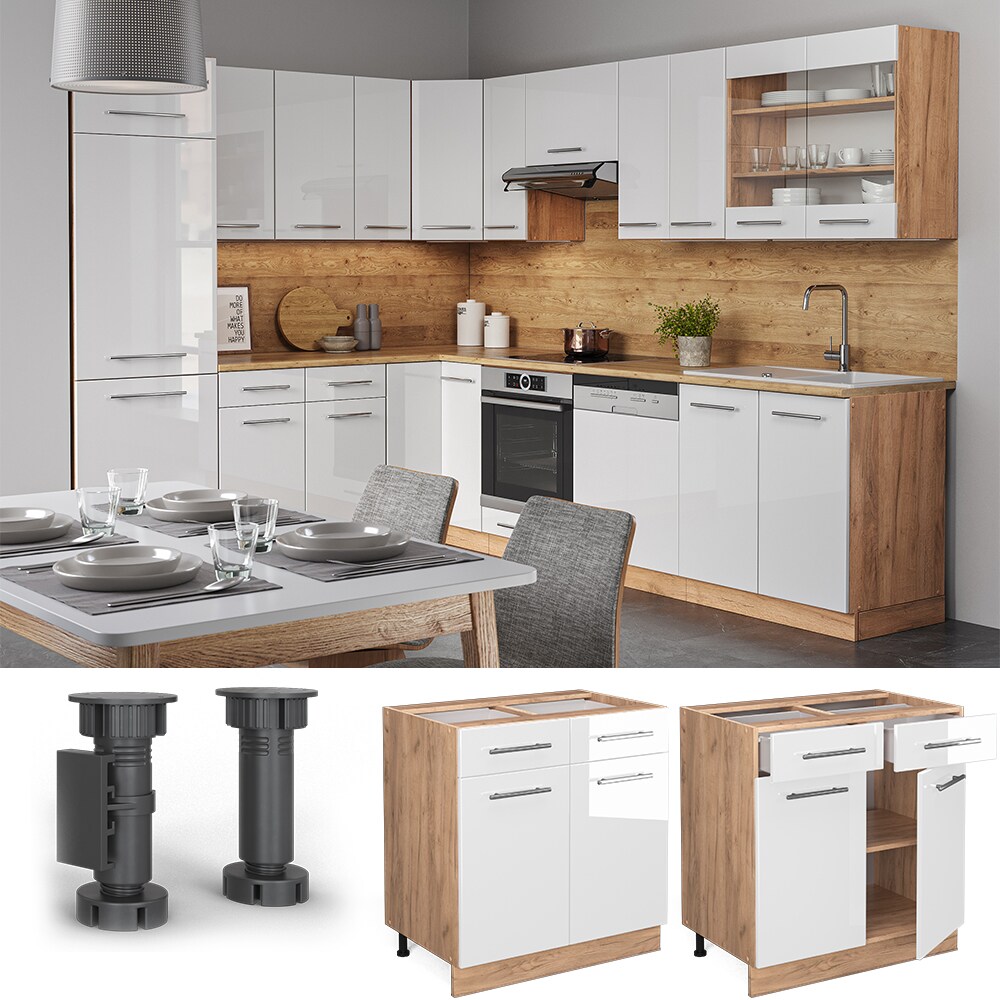 Vicco Schubunterschrank K&uuml;chenschrank K&uuml;chenm&ouml;bel Fame-Line Eiche Wei&szlig; modern 80 cm K&uuml;che Einbauk&uuml;che Dreht&uuml;r Schublade Einlegeboden Blende K&uuml;chenzeile Hochglanz 